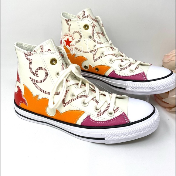 Converse Ctas Leather High Top Egret Red Orange🍊W - Picture 6 of 8